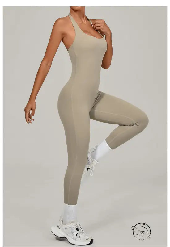 Langry beige halter yoga jumpsuit for outdoor fashion ملابس