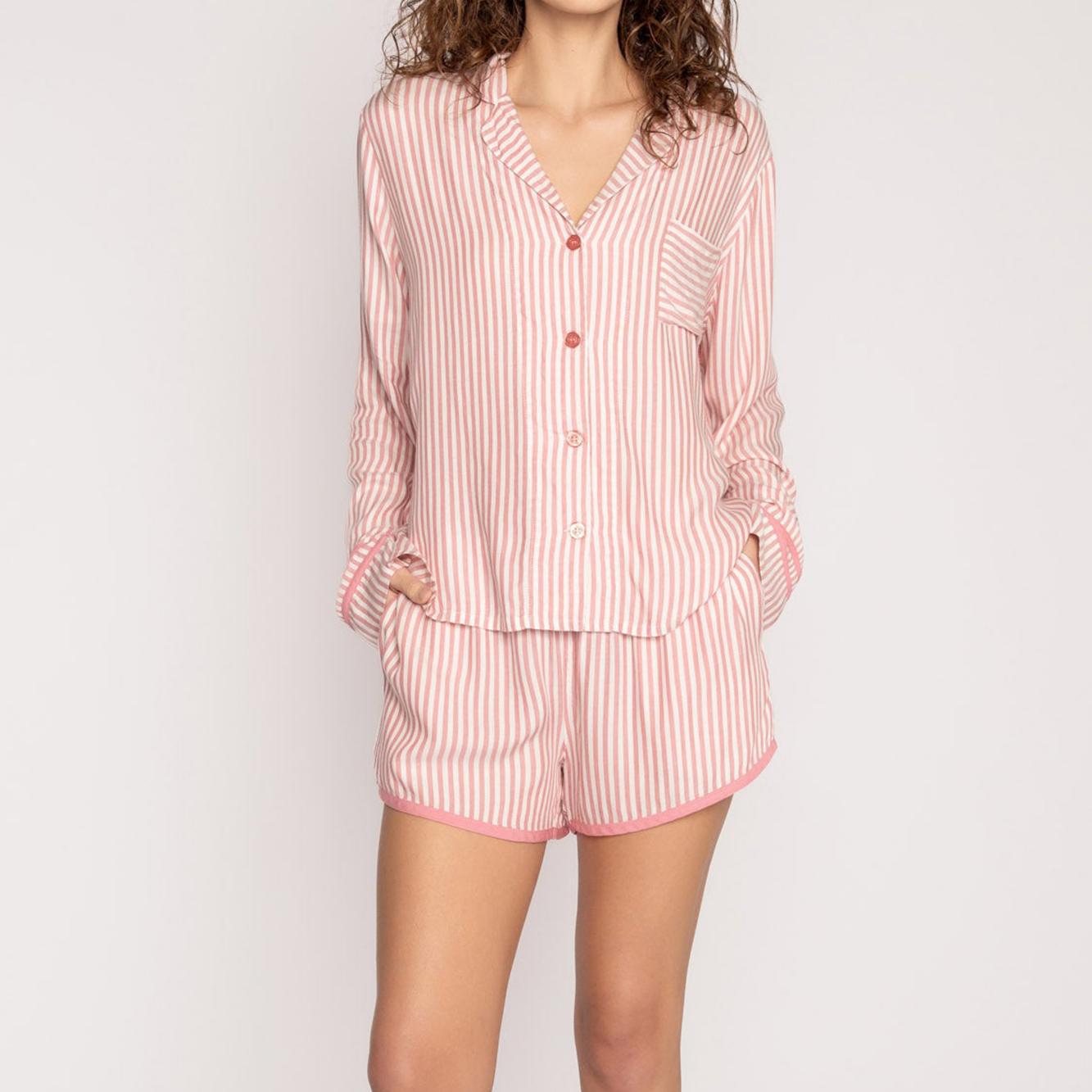 Pink and white striped langry cotton pajama set for women