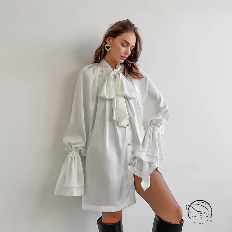 Elegant langry satin dress with white oversized bow-tie and bell sleeves