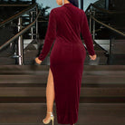 Burgundy velvet long-sleeve Winter Evening Midi Dress, perfect for winter fashion ملابس