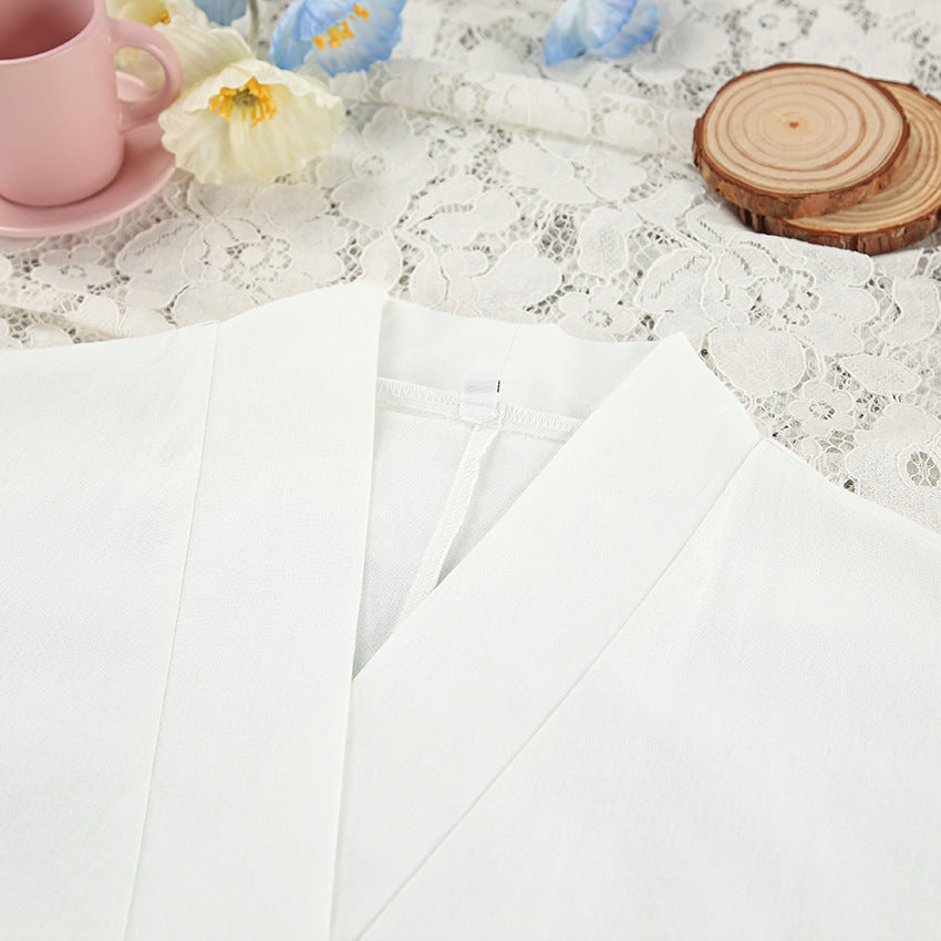 White lace-trimmed v-neck blouse with pleating, langry fashion ملابس