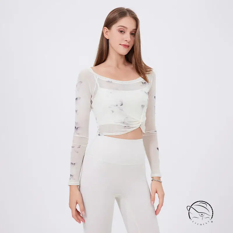 Floral Butterfly Faux Two Piece Sports t Shirt Women Long Sleeve with Chest Pad Yoga Clothes Mesh Top Quick Drying