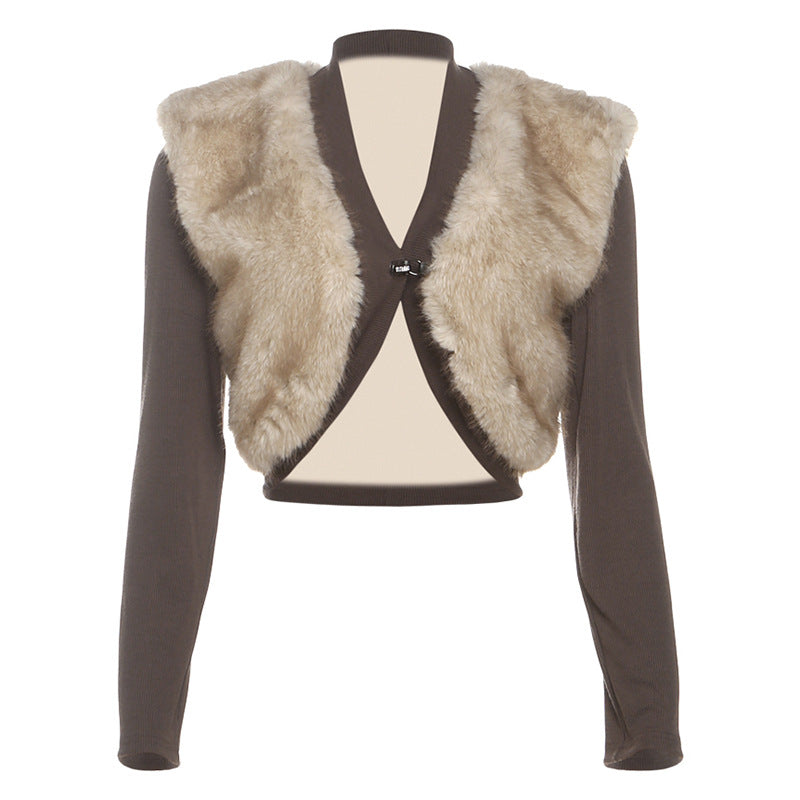 Beautiful Langry brown and cream fur cropped cardigan coat