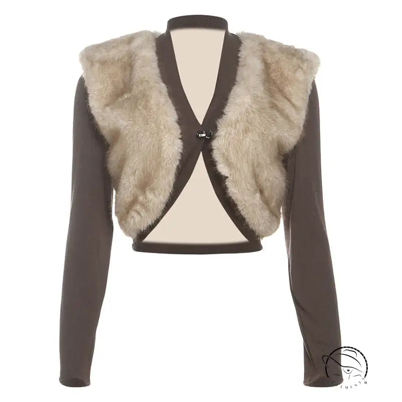 Brown and cream fur long-sleeve cardigan coat in cropped plush fashion