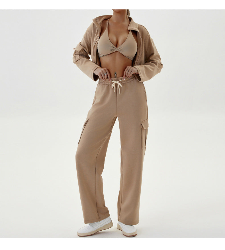 Tan athleisure outfit for women showcasing autumn winter sportswear casual fashion ملابس