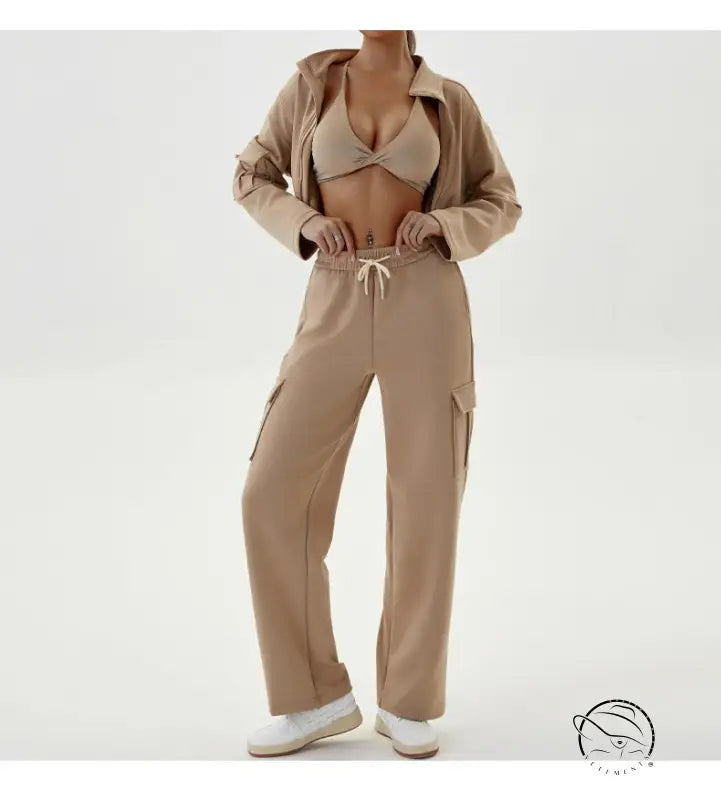 Tan athleisure outfit in winter workwear casual sports sets