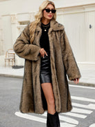 Long warm faux fur plush coat in plush brown with hood and wide sleeves