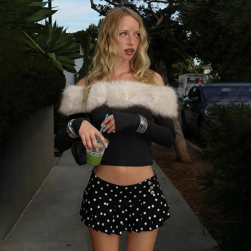 Langry fashion black and white polka dot tennis skirt with ruffled hem