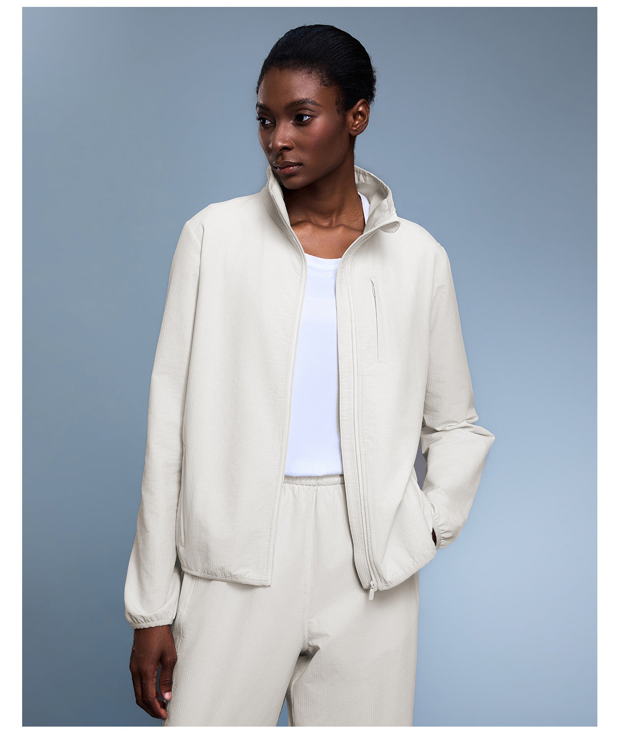 Langry fashion white zip-up waterproof sports thermal coat with drawstring hem