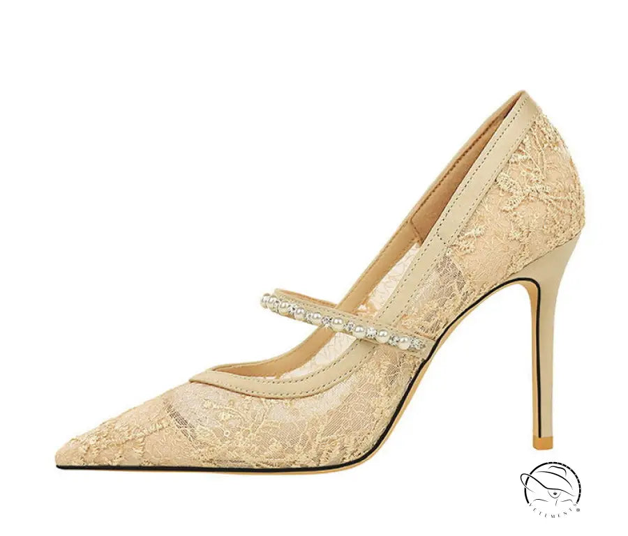 Langry fashion mesh rhinestone pearl strap stiletto high heels with gold lace, crystal accents, pointed toe
