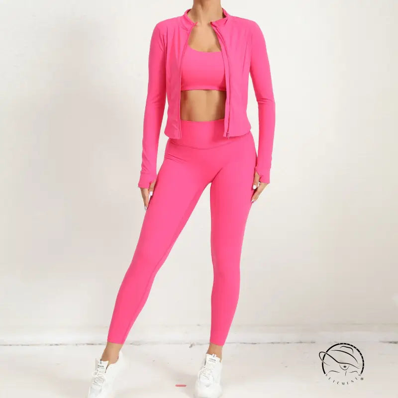 Neon pink three piece yoga clothes suit with zippered jacket and leggings
