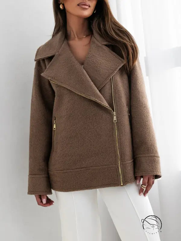 Brown wool-blend moto jacket in Langry fashion ملابس style