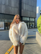 Cream faux fur oversized coat with high collar and pockets by Langry fashion