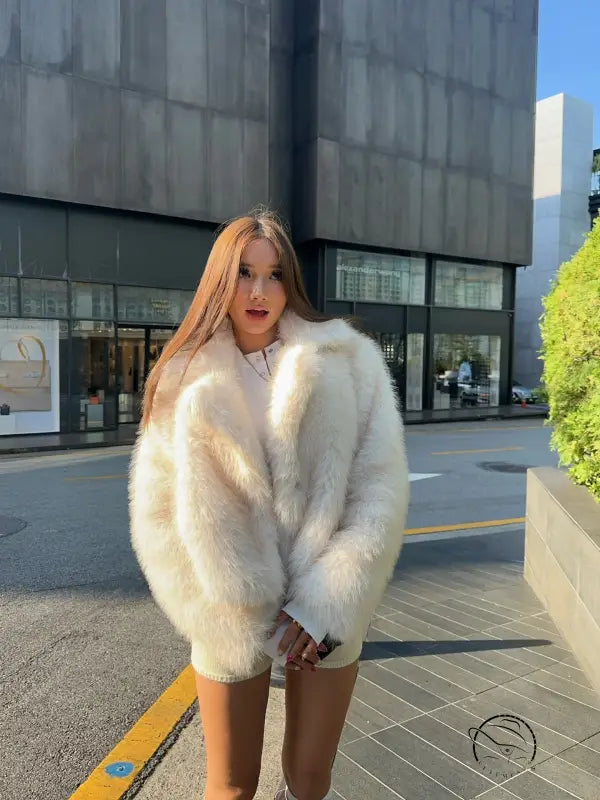 Langry cream faux fur oversized coat with high collar and pockets