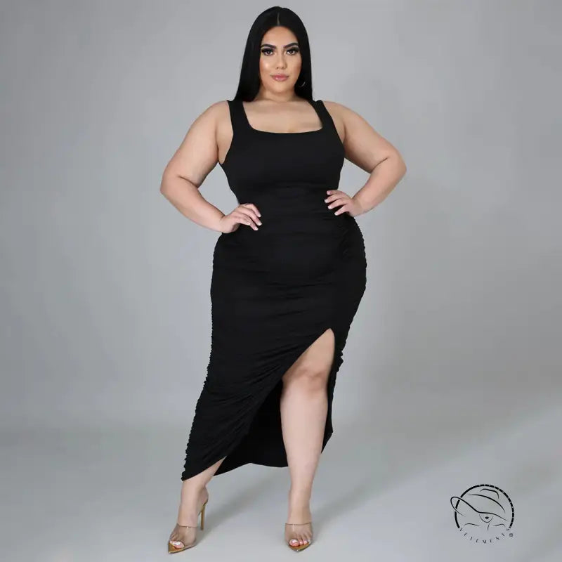 Black square-neck midi summer slim fit fold split dress