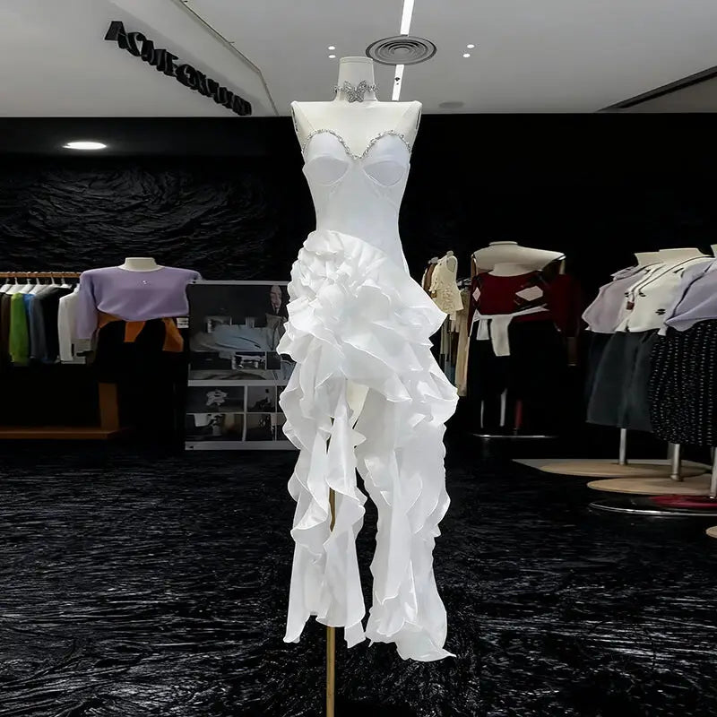 White ruffled evening gown with beaded bodice in enchanting red fashion