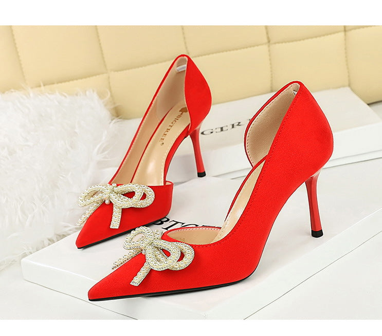 Cute Rhinestone Pearl Bow High Heels
