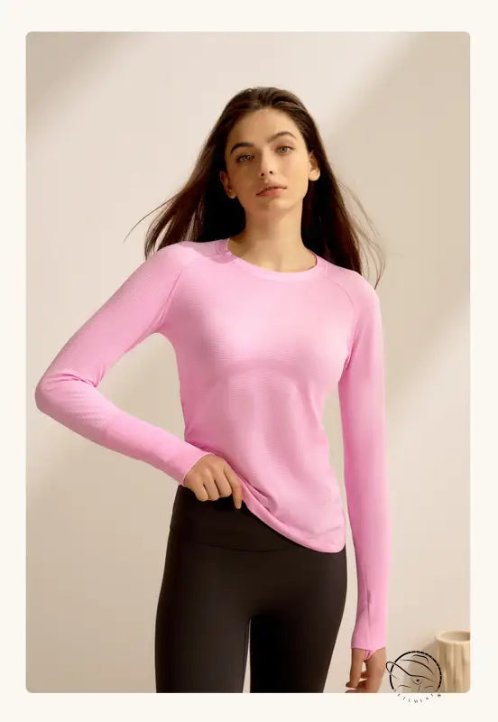 Pink langry fashion top: quick-drying running crewneck sweater with leggings