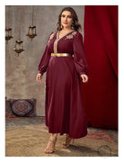 Maroon satin A-line dress with gold embroidery and belt
