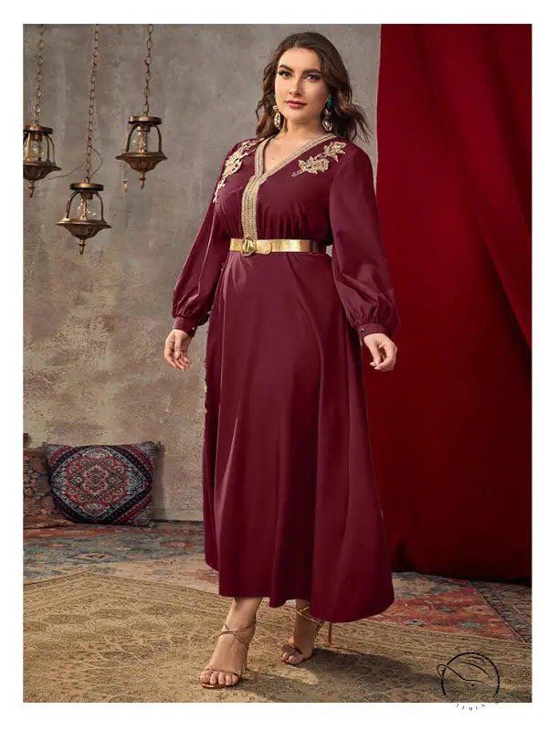 Maroon satin A-line dress with gold embroidery and belt