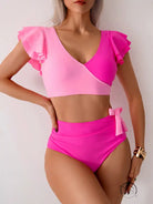 Stunning high waist bikini in two-tone pink ruffled swimsuit