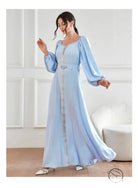 Elegant high waist langry fashion dress in light blue chiffon with bell sleeves