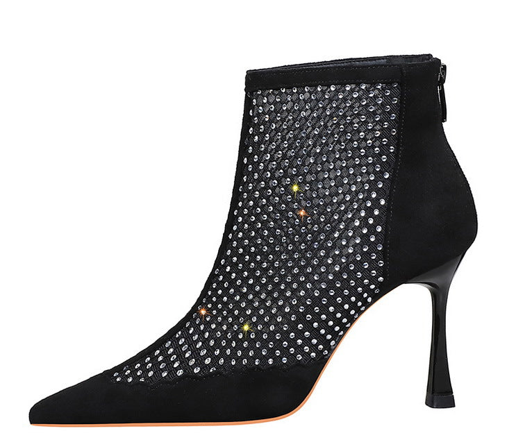 Langry black suede stiletto ankle boots with rhinestone fashion embellishments