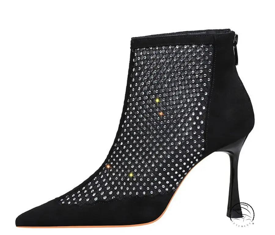 Langry fashion black suede ankle boot with rhinestone stiletto heel