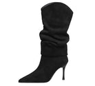 Langry black suede knee-high fashion boots with pointed toe and slender heel