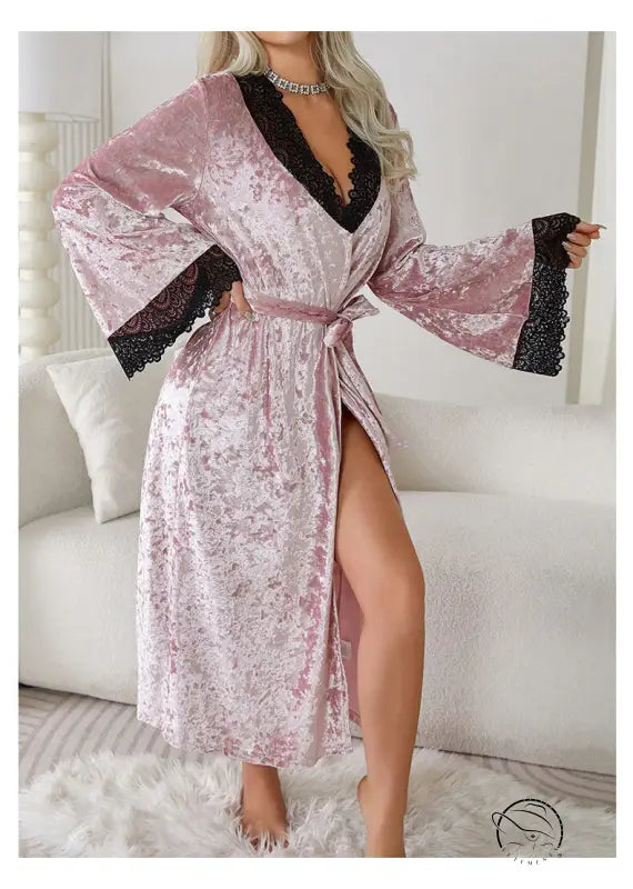Pink lengthened bathrobe in crushed velvet with black lace trim, lace light luxury home wear