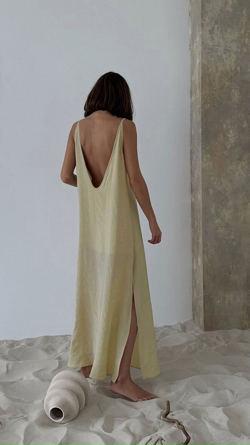 Cream-colored linen Langry fashion pajamas dress with back cutout and slit