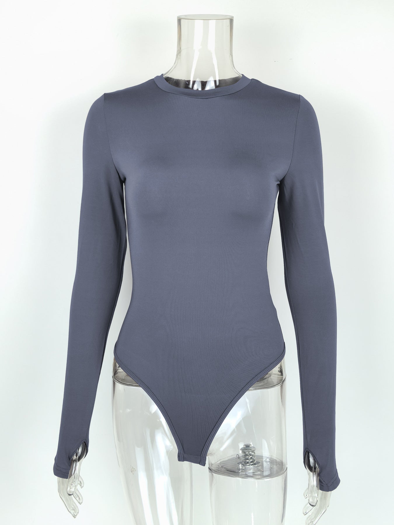 Gray ribbed long-sleeved bodysuit with silver hardware in fashion ملابس