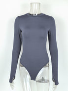 Gray ribbed long-sleeved bodysuit with silver hardware in fashion ملابس