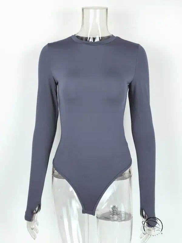 Gray long-sleeved langry bodysuit with ribbed texture and silver hardware for autumn winter fashion