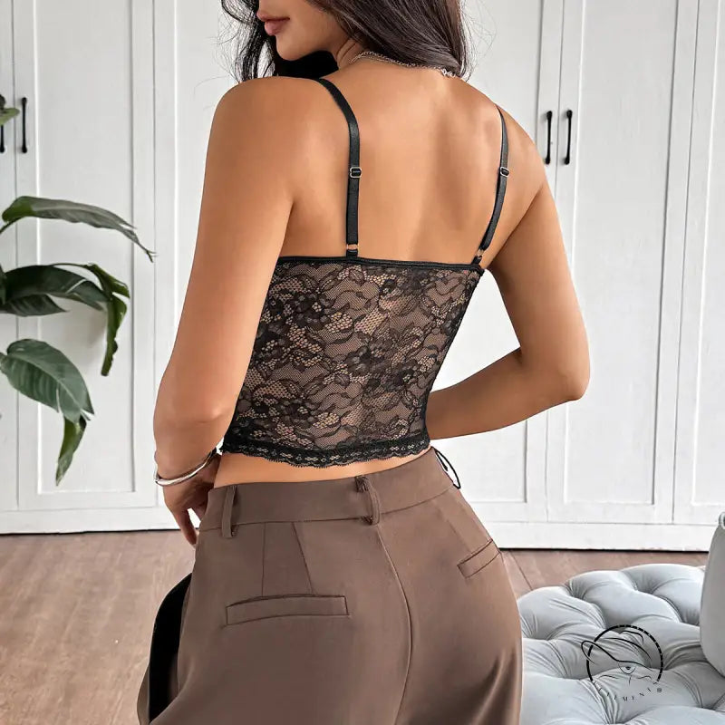 Black bow simple breathable lace camisole top with thin straps