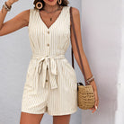 Sleeveless beige and white striped romper with button front, perfect summer fashion ملابس
