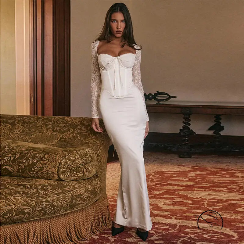 Elegant white lace long sleeve slim dress in fashion style