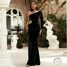 Elegant one-shoulder black velvet evening gown with langry fashion crystal waist embellishment
