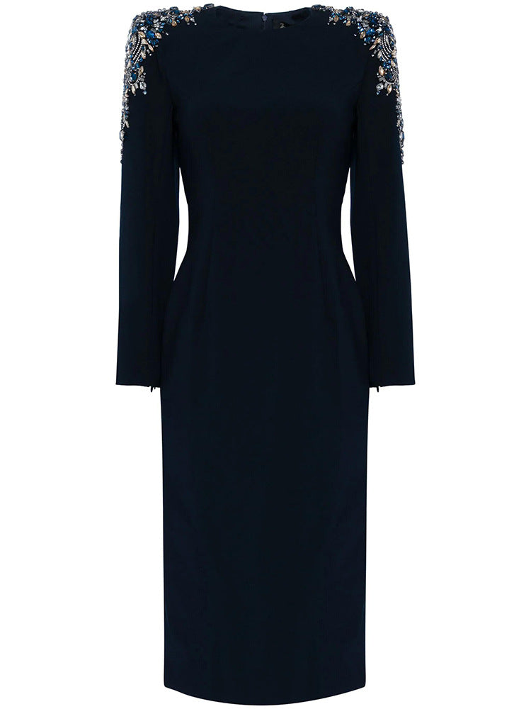 Autumn Winter Star Heavy Industry Beads Diamond Embedded Long Sleeve Mid Length Dress