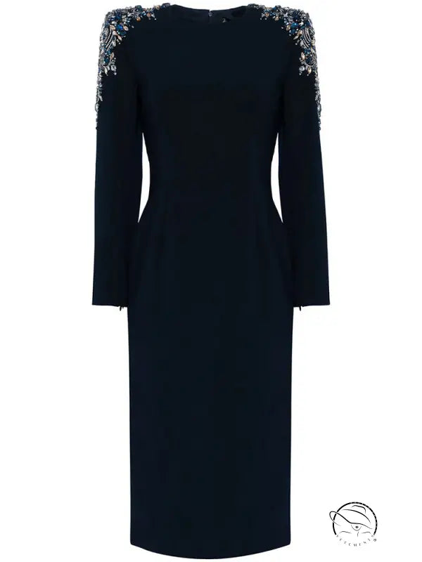 Autumn Winter Star Heavy Industry Beads Diamond Embedded Long Sleeve Mid Length Dress