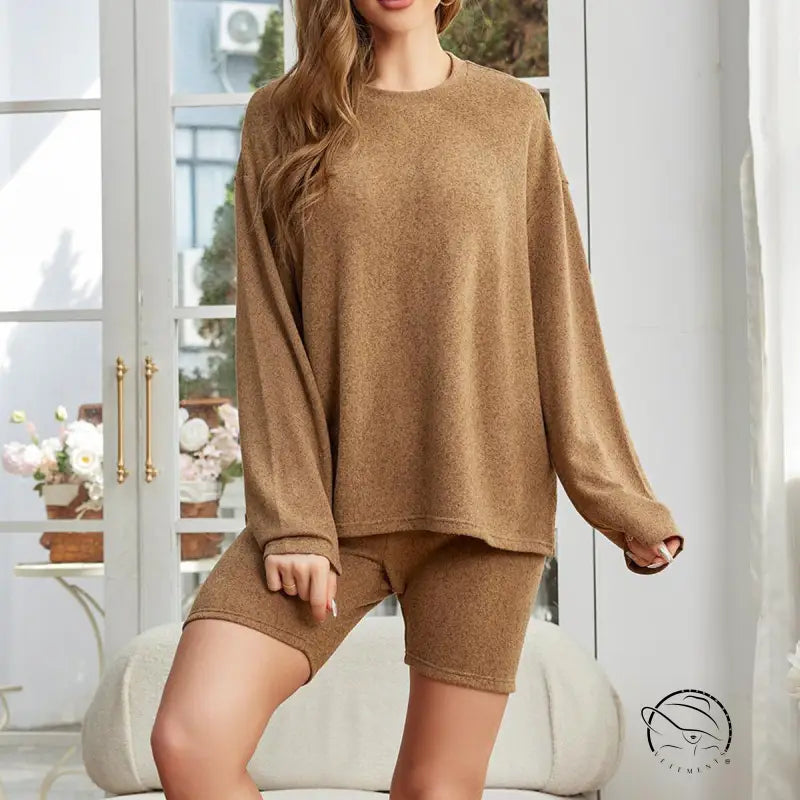 Casual langry fashion two-piece set in brown textured fabric for women