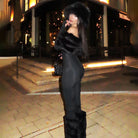 Langry elegant furry slim fit patchwork jumpsuit in black fur with fox trim hood