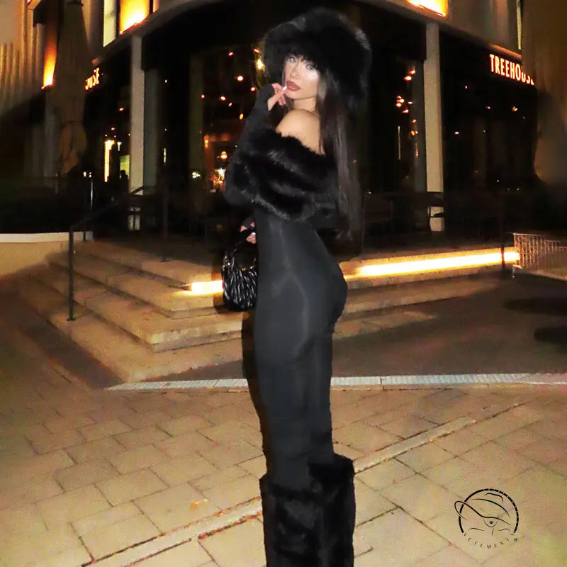 Elegant langry fashion black fur coat jumpsuit with fox trim hood