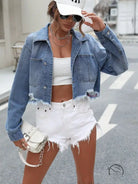 Loose street denim short coat with cropped jacket, white shorts, crop top