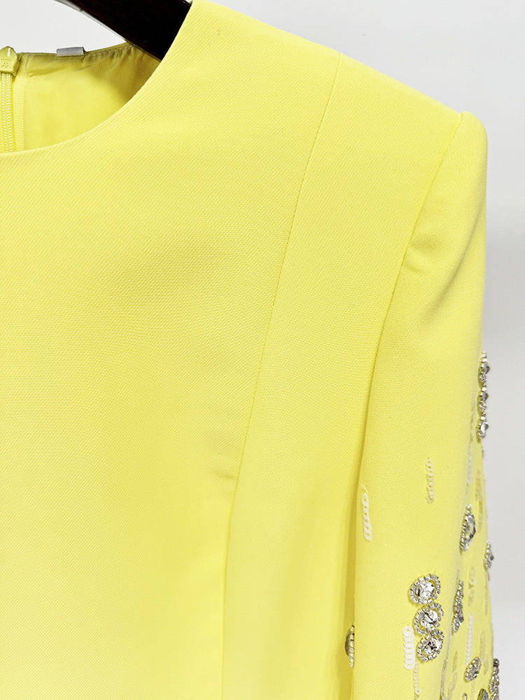 Yellow Diamond Embedded Mid Length Dress with embellished sleeves, perfect for elegant fashion