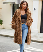 Modern retro thickened faux fur plush coat in tan with textured pattern and wide collar