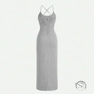 Gray knit maxi sling bare hip dress with crisscross straps