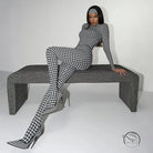 Langry fashion black and white houndstooth bodysuit with high heels