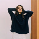 Langry dark blue oversized winter loose knitwear sweater with ribbed cuffs