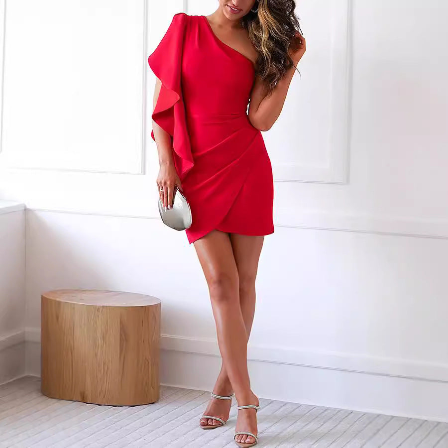 Elegant red one-shoulder cocktail dress showcasing stylish fashion and ملابس sophistication